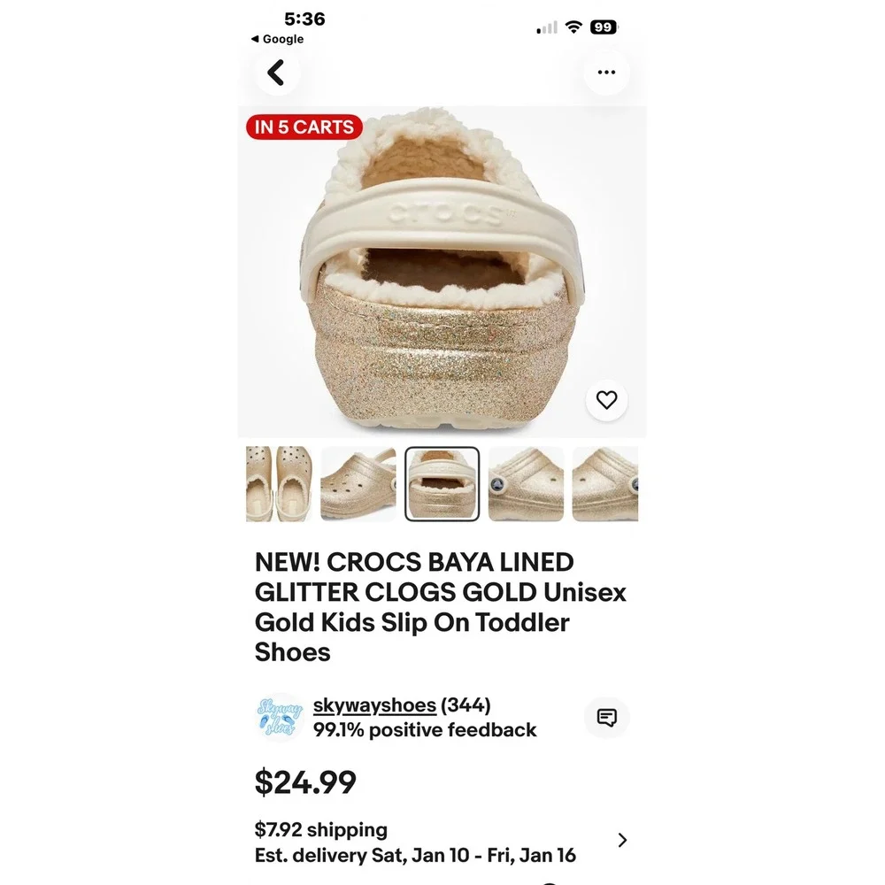 Kids Crocs Baya Lined Glitter Clogs Gold Unisex Toddler Slip‎ On Shoes